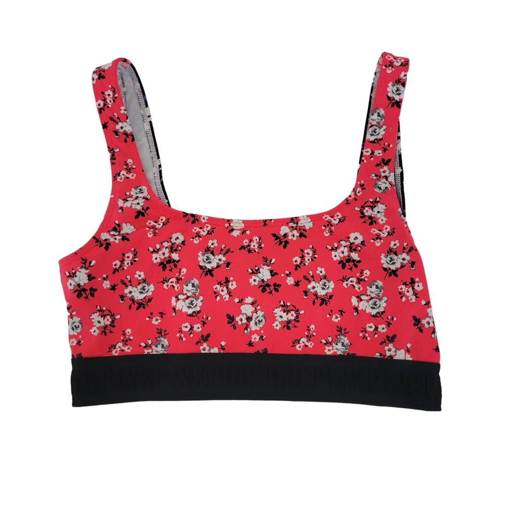 PINK Ultimate Sports Bra Scoop Neck Red Floral Front, Black Floral Back Size S